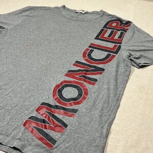 Moncler‎ Mens Grey Cotton T Shirt Large Logo Graphic Tee Short Sleeve *FLAWS